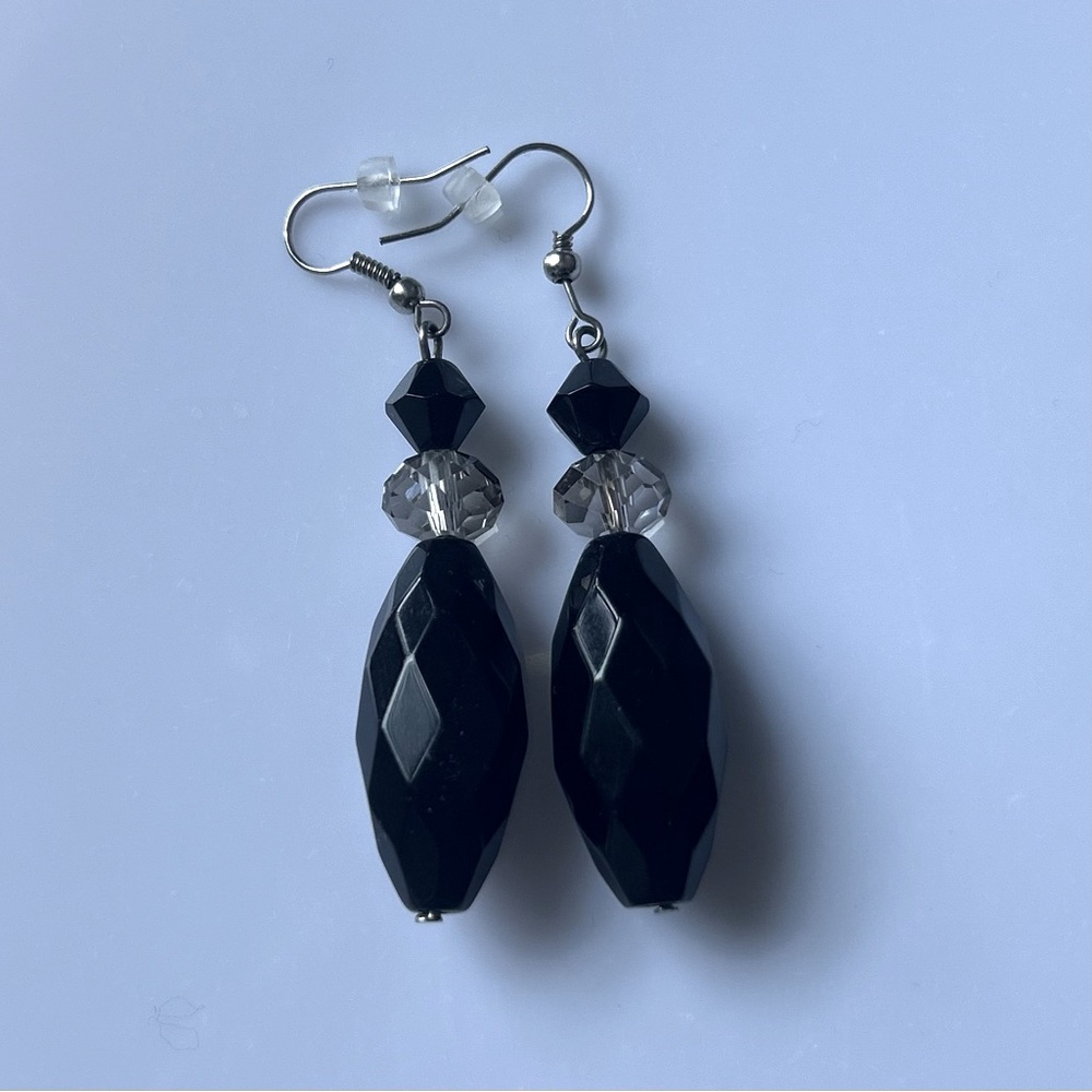 black crystal silver drop earrings